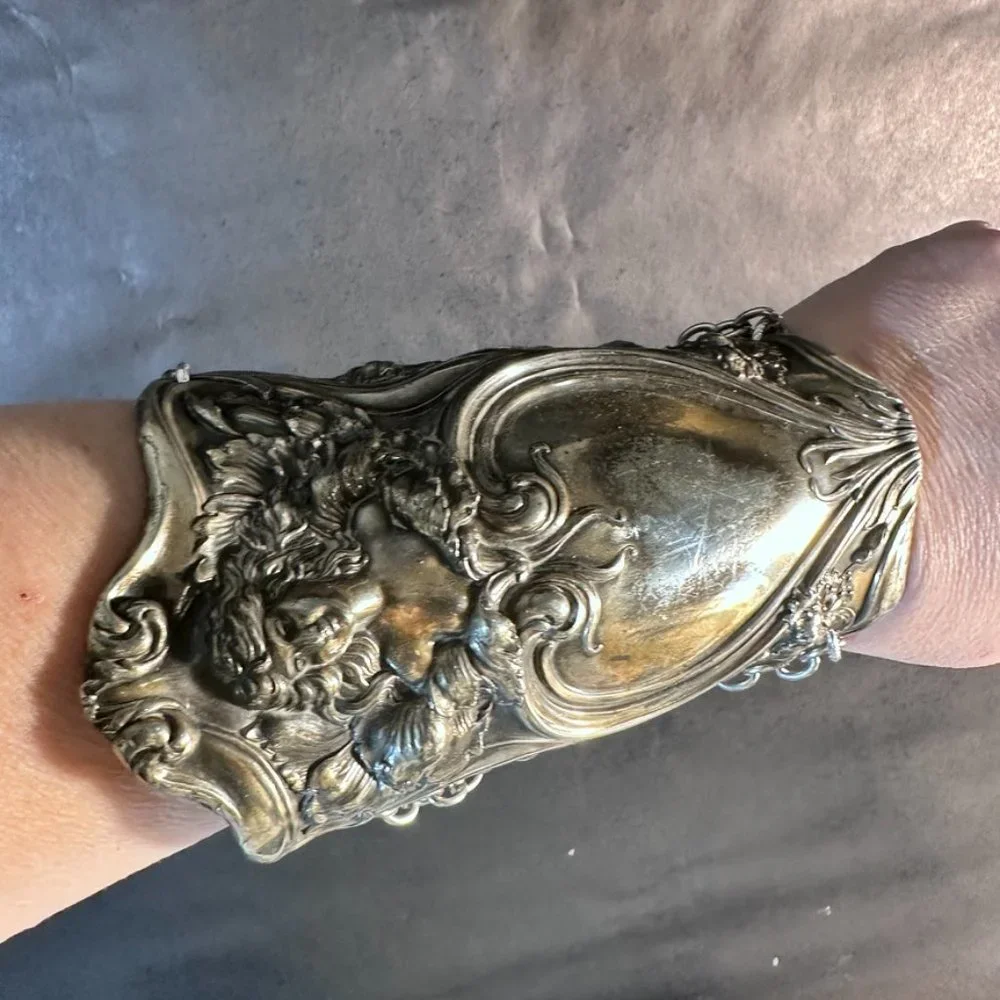 Antique Art Nouveau Wide Cuff Goddess Bracelet Bracer Alphonse Mucha Lady Face